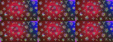 Renkli ve kahverengi raster çizimi. Küçük çiçekteki sevimli çiçek deseni. Birçok kırmızı ve kahverengi soyut çiçekli tropikal çizim deseni.