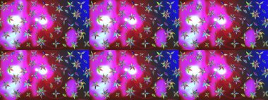 Raster illüstrasyonundaki çiçek desenli çizim. Mor ve mavi renkte çiçekler.