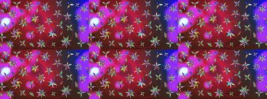 Çok renkli ve menekşe rengi zarif küçük çiçekler ve kırmızı ve mor renkli komik böcekler, raster desen, illüstrasyon.