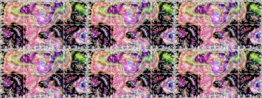 Kusursuz bir geçmişi var. Raster illüstrasyonu. Eski usul. Renkli desenli kusursuz desenli, nötr ve siyah çiçekli ve dekoratif elementli. Kumaş, tekstil ve duvar kağıdı baskısı için..