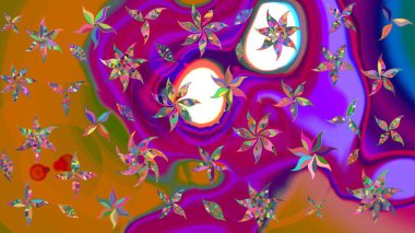 Sevimli çiçek raster deseni. Renkli Bahar Teması eskiz kalıbı. Düz Çiçek Elementleri Tasarımı. Mor ve turuncu renkte çiçekler.