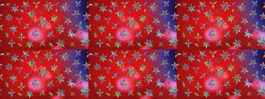 Renkli Bahar Teması eskiz kalıbı. Düz Çiçek Elementleri Tasarımı. Raster illüstrasyonu. Çiçek desenli çizim. Asya tekstil tarzında. Kırmızı ve pembe renkte çiçekler.