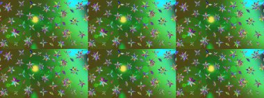 Raster çiçek desenli çiçek deseni, yapraklar, dekoratif elementler, sıçrama, lekeler, el çizimi kontur çizgileri ve Doodle çizim stili, grafik raster çizim çizimi.