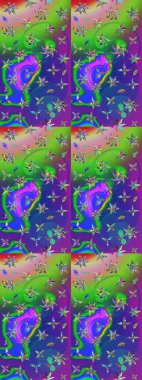 El çizimi çiçekli soyut çizim kalıbı. Raster illüstrasyonu. Yeşil ve mor renkte çiçekler.