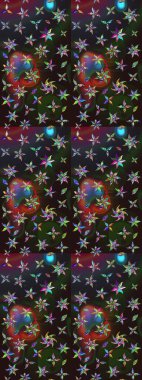 Raster çiçek desenli çiçek deseni, yapraklar, dekoratif elementler, sıçrama, lekeler, el çizimi kontur çizgileri ve Doodle çizim stili, grafik raster çizim çizimi.