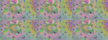 Raster deseni. Patlayan çiçekler soyut olarak yerleştirilmiş. Tarafsız ve yeşil renklerde bahar çiçekleri. Raster illüstrasyonu.