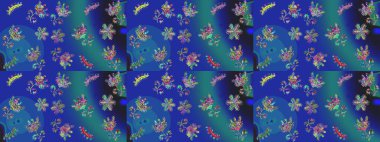 Raster illüstrasyonunda kusursuz çiçek deseni. Çiçekler suluboya tarzında mavi, mor ve yeşil renklerde.