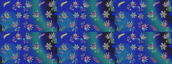 Raster illüstrasyonunda kusursuz çiçek deseni. Çiçekler suluboya tarzında mavi, mor ve yeşil renklerde.