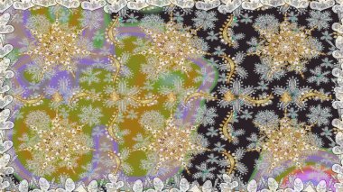 Kusursuz altın desenli bukleler. Doğu tarzı arabesk. Raster illüstrasyonu. Raster altın desen. Altın elementli gri renkler.