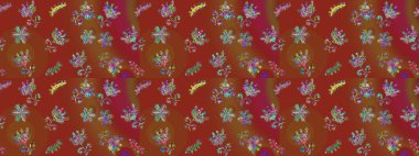 Raster illüstrasyonu. Patlayan çiçekler soyut olarak yerleştirilmiş. Kahverengi, kırmızı ve yeşil renklerde bahar çiçekleri. Raster deseni.