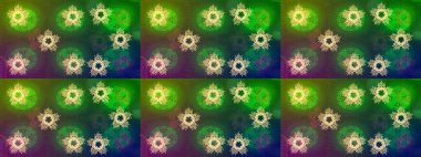 Renkli arka planda izole kar taneleri. Raster illüstrasyonu. Kar taneleri radyal yeşil, mavi ve kahverengi renkler.