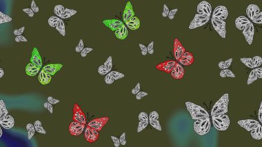 Bahar Kelebeği teması. Raster illüstrasyonu. Yeşil lekeli güzel kelebek kumaşı dokusu. Duvar kağıdı için böcek dokusunun tekrarı.
