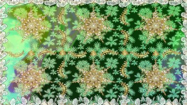 Çizgi sanatı tasarım şablonu için kusursuz sınır. Altın desenli çiçek dekoru. Yeşil renklerdeki altın element. Davetiyeler, kartlar, web sayfası için Raster illüstrasyon. Doğu tarzı ögesi.