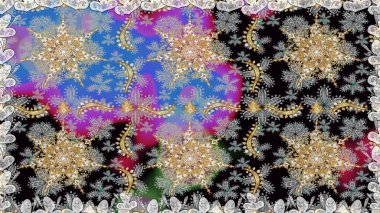 Doğum günü kartı, davetiye ya da afiş için iyidir. Dekoratif simetri arabesk. Kusursuz ortaçağ çiçek deseni. Raster illüstrasyonu. Gri renklerde altın.