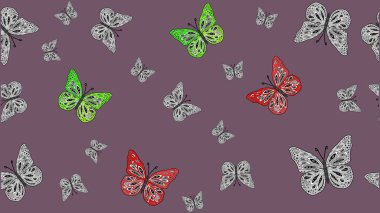 Kahverengi renklerin soyut arkaplanı. Renkli romantik kelebekler eskizler çiziyor. Elle çizilmiş kelebeklerle. Dekoratif Raster illüstrasyonu.
