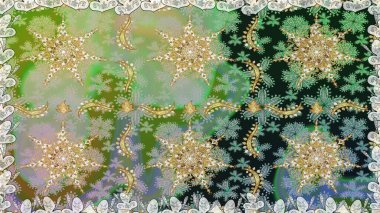 Doğum günü kartı, davetiye ya da afiş için iyidir. Raster illüstrasyonu. Tarafsız renklerde altın. Kusursuz ortaçağ çiçek deseni. Dekoratif simetri arabesk.