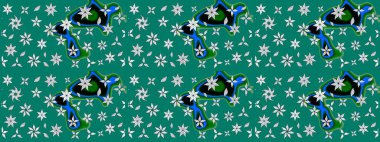 Çiçek süslemeli çizim deseni. Raster illüstrasyonu. Mavi renkte çiçekler.