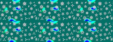 Şirin çiçekli eskiz deseni ve mavi renkli yapraklar, suluboya çiçek deseni, duvar kağıdı, kart veya kumaş için fayanslı. Raster illüstrasyonu.