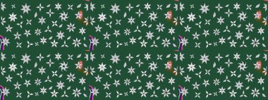 Çiçek süslemeli çizim deseni. Raster illüstrasyonu. Yeşil renkte çiçekler.