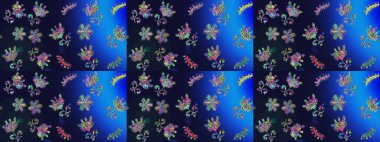 Raster illüstrasyonu. Çiçekler gri, mavi ve yeşil renklerde. Çiçek desenli çizim. Asya tekstil tarzında. Raster illüstrasyonu.