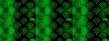 Kusursuz bir geçmişi var. Raster illüstrasyonu. Renkli desenli, yeşil, siyah ve mavi çiçekli ve dekoratif elementli kusursuz desen. Eski usul. Kumaş, tekstil ve duvar kağıdı baskısı için..