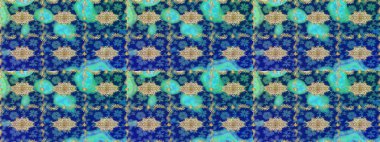 Altın şablonu çiz. Altın elementli mavi renkler. Çiçek desenli altın metal. Raster altın çiçek süsü brokar kumaş ve cam desenli..