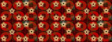 Raster illüstrasyonu. Noel ve yeni yıl moda baskıları için tatil tasarımı. Kahverengi, kırmızı ve yeşil kar taneleri. Renkler. Kar tanelerinin soyut arkaplanlı Noel deseni.