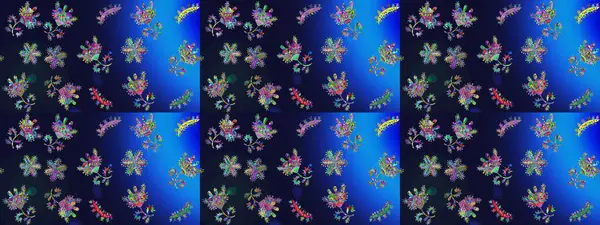 Raster illüstrasyonu. Çiçekler gri, mavi ve yeşil renklerde. Çiçek desenli çizim. Asya tekstil tarzında. Raster illüstrasyonu.