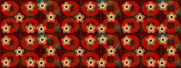 Raster illüstrasyonu. Noel ve yeni yıl moda baskıları için tatil tasarımı. Kahverengi, kırmızı ve yeşil kar taneleri. Renkler. Kar tanelerinin soyut arkaplanlı Noel deseni.