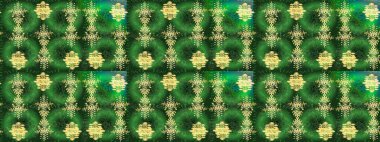 Sanat terapisi tarzı zen çizim için yeşil, mavi ve sarı mandala şeklinde kar taneleri. El çizimi, dövme stili, kumaş tasarımı ve Raster illüstrasyonunda kartlar..