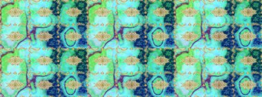 Klasik altın desenli eskiz. Tekrarlayan elementlerle soyut arkaplan oluşturun. Altın elementli mavi renklerde altın eskiz deseni. Raster illüstrasyonu.