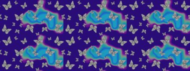 Eskiz kalıbı arka planı. Mavi renkte soyut sevimli kelebek. Basit bir şekilde. Raster illüstrasyonu.