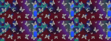 Mor kelebekler. Raster illüstrasyonu. Robot resim. Kumaş, kağıt, ambalaj kâğıdı ve duvar kağıdı tasarımı için harika bir arka plan. Egzotik hayvanlar.