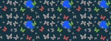 Raster Kelebekleri deseni. Soyut eskiz arka planı. Mavi renkli resimler, tropik kelebeklerle birlikte. Duvar kağıtları, web sayfası arkaplanları, yüzey dokuları, tekstil için mükemmel..