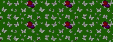 Kağıt, kumaş ve ambalaj için uygun. Yeşil arka planda renkli kelebek koleksiyonu. Robot resim. Raster illüstrasyonu. Kart, baskı ve davetiye için basit kadınsı desen.