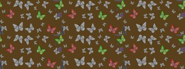 Farklı renkte kelebeklerin çizimi. Fantezi renkli resimler koleksiyonu. Giysi tarzı için kahverengi arka planda dekorasyon. Raster illüstrasyonu. Tasarım için Raster Kelebekleri.