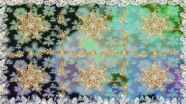 Kusursuz kıvırcık saçlar. Raster altın desen. Doğulu stil, altın elementlerle altın deseni nötr renklerle donatır..