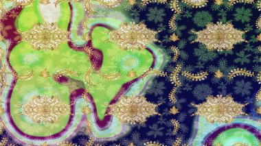 Yeşil renkli, altın elementli Raster eskiz deseni. Tasarım için Damask çizim deseni.