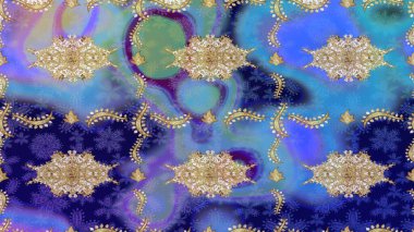 Altın elementlerle mavi renklerde altın desen. Lüks, kraliyet ve Viktorya dönemi konsepti. Süslü dekorasyon. Raster klasik barok çiçek desenli altın rengi..