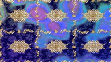 Raster altın desen. Kıvrımlı çizimler. Doğulu stil, altın elementli mavi renkli altın desenli arabesk yapar..