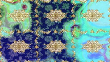 Doğu tarzı element. Tasarım şablonu için çizgi çizimi sınırı. Davetiyeler, kartlar, web sayfası için Raster illüstrasyon. Altın desenli çiçek dekoru. Mavi renklerdeki altın element.