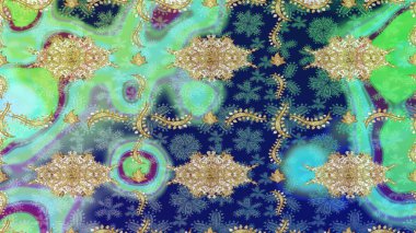 Eskiz kalıbı altın elementler. Kart, duvar kağıdı, ambalaj ve tekstil için klasik tasarım. Kraliyet retro 'su mavi renkte. Altın şablon. Raster illüstrasyonu. Çiçeksel klasik doku.