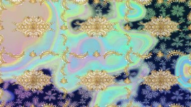 Raster. Hassas altın deseni açın. Mavi renkler ve altın elementler üzerine çizim. Parlak dantel, stilize çiçekler, şal desenli. Doğu tarzı arabesk. Altın desenli bukleler çiz.