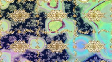 Altın elementli nötr renkler. Raster altın desen. Çizim altın desenli bukleler. Doğu tarzı arabesk. Raster illüstrasyonu.