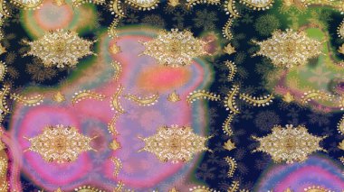 Tasarım için Damask çizim kalıbı. Tarafsız renklerde altın elementlerle Raster çizim deseni.