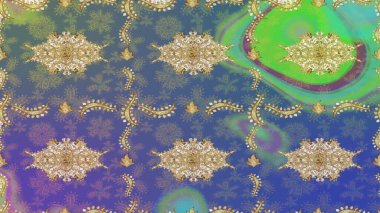 Mor renkler ve altın elementler üzerine çizim. Geleneksel oryantasyon süsü. Klasik Raster altın desenini çiz. Klasik vintage arkaplan.