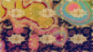 Damask çizimi tekrarlanıyor. Barok tarzında altın çiçekli süs. Bej renklerde altın element. Doku arkaplanı üzerine altın duvar kağıdı.