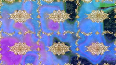 Raster eskiz deseni, altın antika ortaçağ dekoratifi, yapraklar ve mavi renklerde altın desenli süslemeler. Kraliyet lüksü, altın barok kumaş rengi..