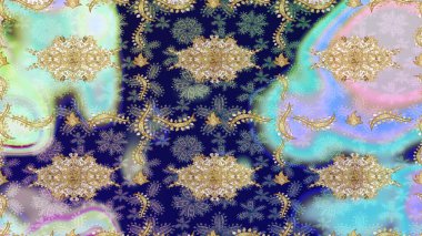 Barok tarzında altın çiçekli süs. Damask çizimi tekrarlanıyor. Antika altın tekrarlanabilir duvar kağıdı. Mavi renklerdeki altın element.