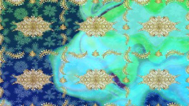 Mavi renkler ve altın elementler üzerine çizim. Raster oryantal süs. Altın deseni çiz.